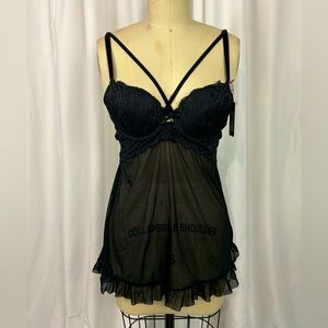 Frederick’s of Hollywood Black Sheer Mesh Ruffled Corset Slip Dress Small NWT